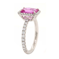 Platinum Emerald Cut Pink Sapphire and Diamond Halo Ring