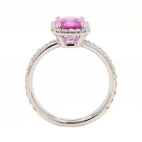 Platinum Emerald Cut Pink Sapphire and Diamond Halo Ring