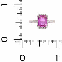 Platinum Emerald Cut Pink Sapphire and Diamond Halo Ring
