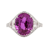 Platinum Three Stone Cushion Shaped Pink Sapphire and Diamond Halo Ring