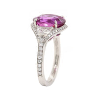 Platinum Three Stone Cushion Shaped Pink Sapphire and Diamond Halo Ring