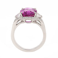 Platinum Three Stone Cushion Shaped Pink Sapphire and Diamond Halo Ring