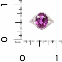 Platinum Three Stone Cushion Shaped Pink Sapphire and Diamond Halo Ring