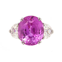 Platinum Three Stone Oval Shaped Pink Sapphire and Diamond Ring