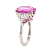 Platinum Three Stone Oval Shaped Pink Sapphire and Diamond Ring