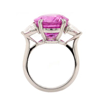 Platinum Three Stone Oval Shaped Pink Sapphire and Diamond Ring