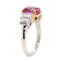 Platinum Three Stone Oval Shaped Pink Sapphire and Diamond Ring