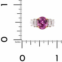 Platinum Three Stone Oval Shaped Pink Sapphire and Diamond Ring