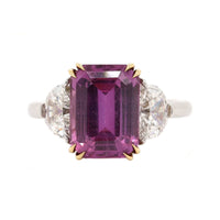Platinum Three Stone Emerald Shaped Pink Sapphire and Diamond Ring