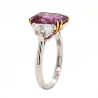 Platinum Three Stone Emerald Shaped Pink Sapphire and Diamond Ring