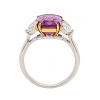 Platinum Three Stone Emerald Shaped Pink Sapphire and Diamond Ring