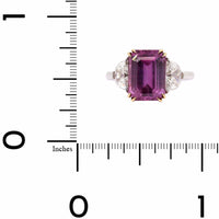 Platinum Three Stone Emerald Shaped Pink Sapphire and Diamond Ring