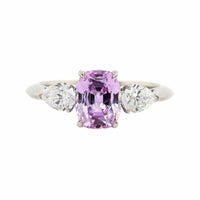Platinum Three Stone Cushion Cut Lavender Sapphire and Diamond Ring