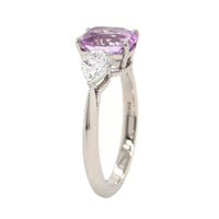 Platinum Three Stone Cushion Cut Lavender Sapphire and Diamond Ring