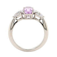 Platinum Three Stone Cushion Cut Lavender Sapphire and Diamond Ring