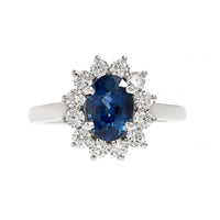 Platinum Oval Blue Sapphire and Diamond Halo Ring