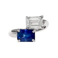 Platinum 2 Stone Emerald Cut Blue Sapphire and Diamond Ring