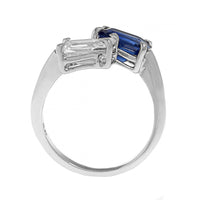 Platinum 2 Stone Emerald Cut Blue Sapphire and Diamond Ring