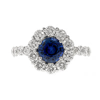 18K White Gold Round Blue Sapphire and Diamond Halo Ring