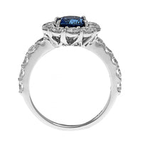 18K White Gold Round Blue Sapphire and Diamond Halo Ring