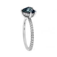 Platinum Shield Shaped Teal Sapphire and Diamond Ring