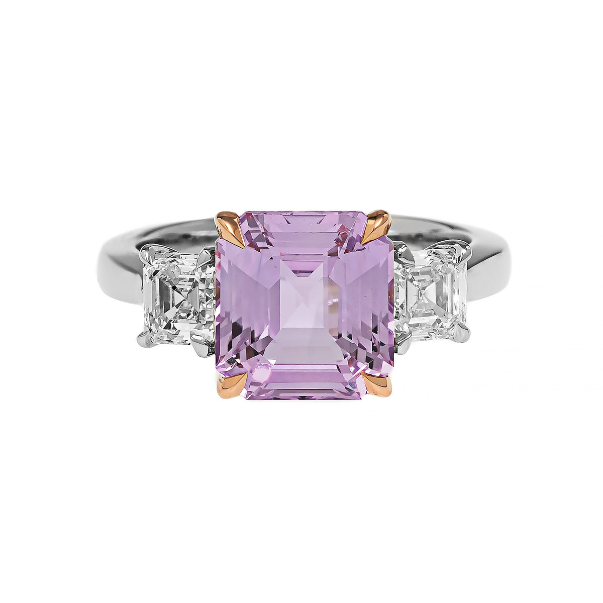 Platinum Three Stone Octagonal Pink Sapphire and Diamond Ring