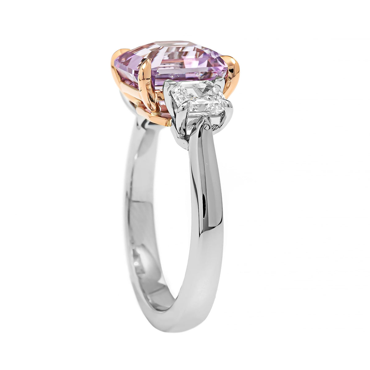Platinum Three Stone Octagonal Pink Sapphire and Diamond Ring