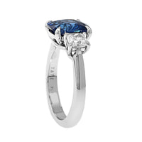 Platinum Three Stone Cushion Shaped Sapphire and Diamond Ring