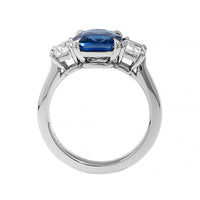 Platinum Three Stone Cushion Shaped Sapphire and Diamond Ring