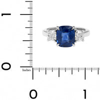 Platinum Three Stone Cushion Shaped Sapphire and Diamond Ring