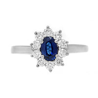 18K White Gold Oval Blue Sapphire and Diamond Halo Ring