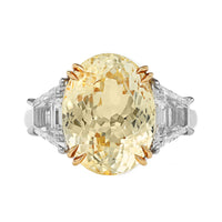 Platinum and 18K Yellow Gold Three Stone Oval Shaped Yellow Sapphire and Diamond Ring