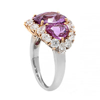 Eclat Jewels 18K Rose and White Gold 3 Stone Pink Sapphire and Diamond Halo Ring