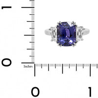 Platinum Three Stone Cushion Cut Purple Sapphire and Diamond Ring