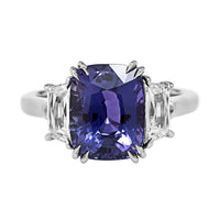 Platinum Three Stone Cushion Cut Purple Sapphire and Diamond Ring