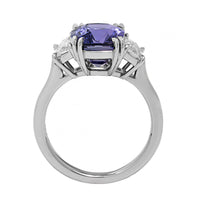 Platinum Three Stone Cushion Cut Purple Sapphire and Diamond Ring