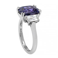 Platinum Three Stone Cushion Cut Purple Sapphire and Diamond Ring
