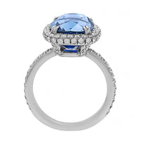 Platinum Cushion Cut Blue Sapphire and Diamond Halo Ring