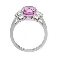 Platinum Three Stone Cushion Pink Sapphire and Half Moon Diamond Ring