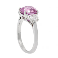Platinum Three Stone Cushion Pink Sapphire and Half Moon Diamond Ring