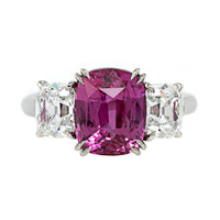 Platinum Three Stone Cushion Pink Sapphire and Diamond Ring