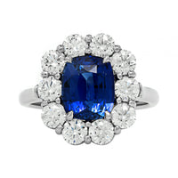 Platinum Cushion Cut Blue Sapphire and Diamond Halo Ring