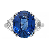 Platinum Three Stone Oval Blue Sapphire and Half Moon Diamond Ring