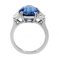 Platinum Three Stone Oval Blue Sapphire and Half Moon Diamond Ring