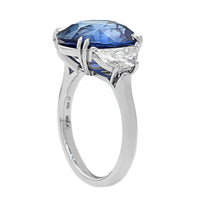 Platinum Three Stone Oval Blue Sapphire and Half Moon Diamond Ring