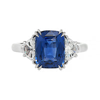 Platinum Three Stone Cushion Cut Blue Sapphire and Diamond Ring