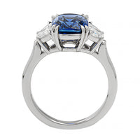 Platinum Three Stone Cushion Cut Blue Sapphire and Diamond Ring