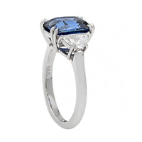 Platinum Three Stone Cushion Cut Blue Sapphire and Diamond Ring