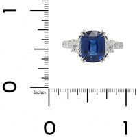 Platinum Three Stone Cushion Cut Blue Sapphire and Diamond Ring