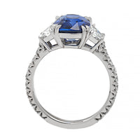 Platinum Three Stone Cushion Cut Blue Sapphire and Diamond Ring